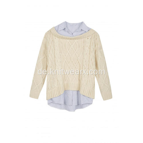 Damen Strickpullover mit gewebtem Kragen und Saum mit Rundhalsausschnitt